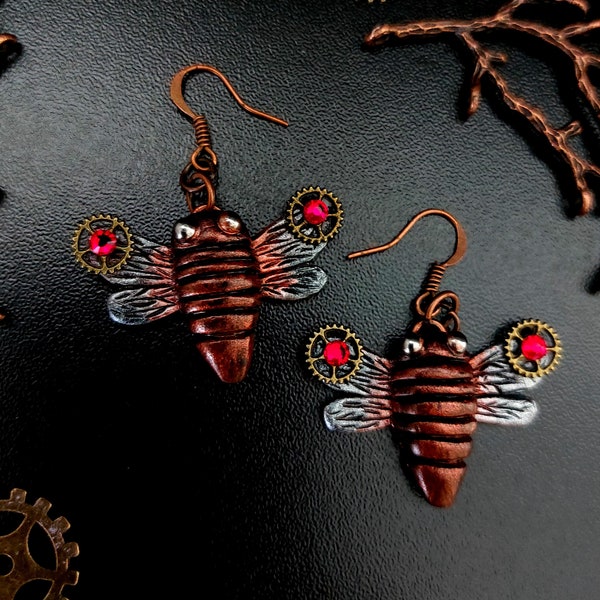 Steampunk Cooper Earrings Bees. Unique handmade steampunk jewelry