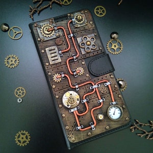 3D Steampunk Faux Leather Case for IPhone 13 Pro Max. Custom Handmade steampunk design for your iPhone 12, 13, 14, 15 and other to order.