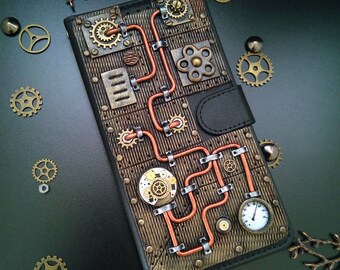 Handmade 3D Steampunk iPhone 13 Pro Max Case: Faux Leather, Gears & Glass