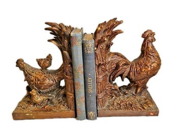 Vintage Farmhouse Rooster & Hen Bookends (Pair) Resin Gold/Bronze Faux Finish