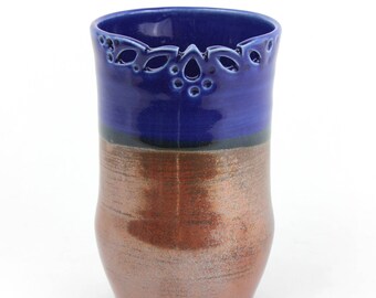 COBALT & PERSIMMON GLAZE | orange and blue | handmade ceramic tumbler with filigree | cut out designs | artisan pottery mug | coffee tumbler