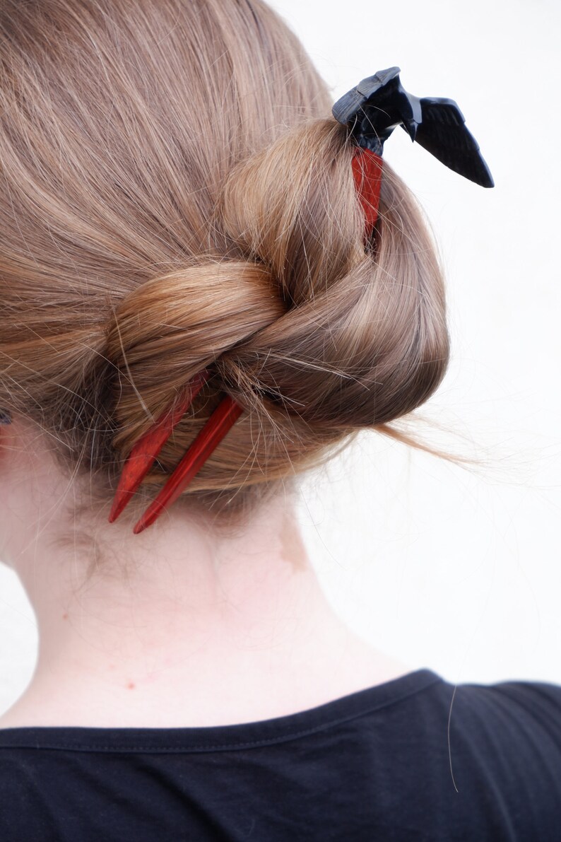 Wooden Hairfork Raven Hair fork Crow Sculpture Red Hairpin Etsy