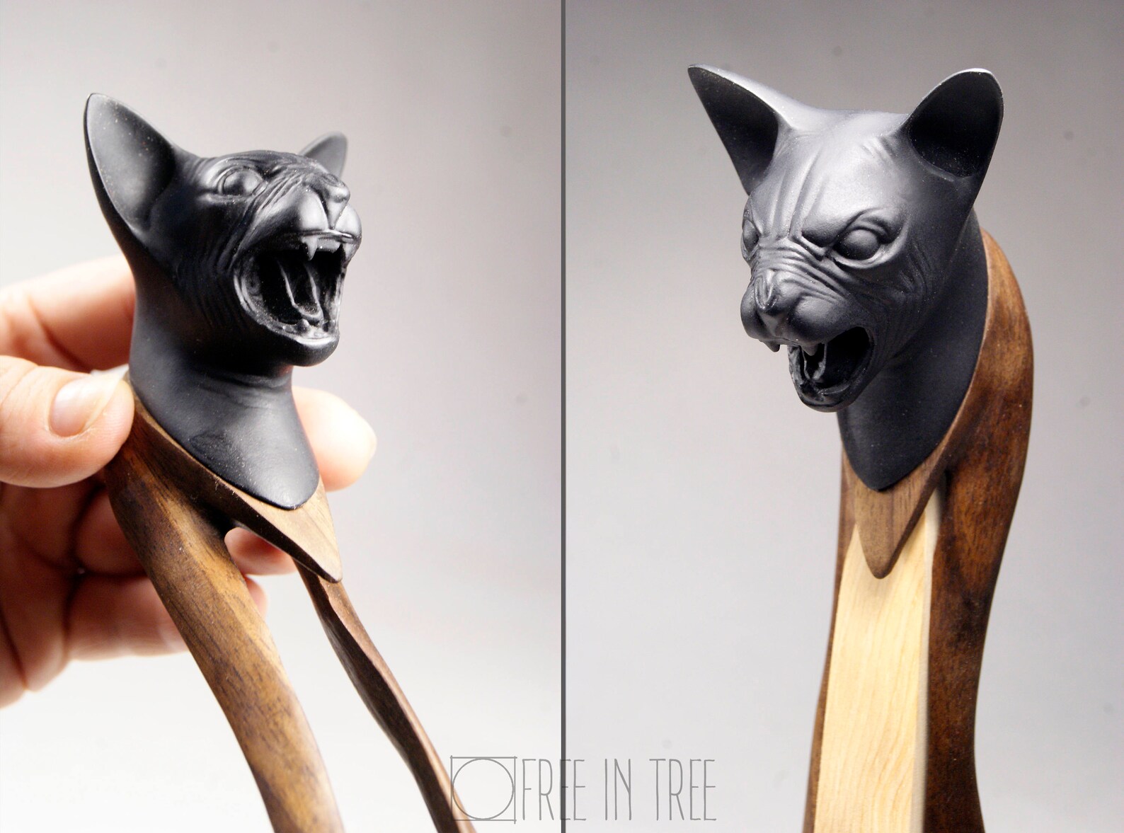 Hairfork Sphynx cat Wood Sculpture Gift women Hairpin Black Etsy