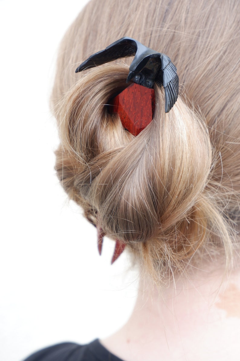 Wooden Hairfork Raven Hair fork Crow Sculpture Red Hairpin Etsy