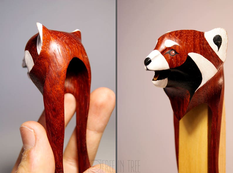 Wood Hairfork Red panda Sculpture Hairpin lesser panda Hair Etsy
