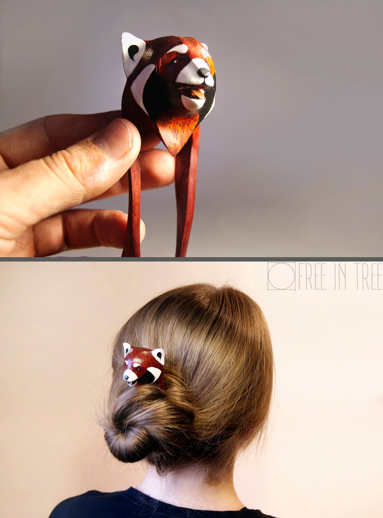 Wood Hairfork Red panda Sculpture Hairpin lesser panda Hair Etsy