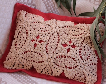 Handmade Crochet Rustic Decorative Throw Pillow Case in Red and Beige