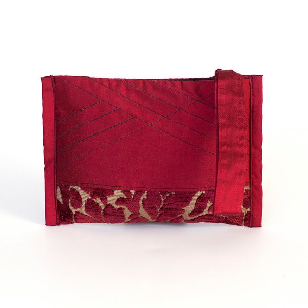 Red Silk and Brocade Clutch with Wristlet, Small Handmade Pouch, Silk Evening Bags,Quilted Burgundy Silk Bag, Red Dupioni Dressy BagSilk Bag