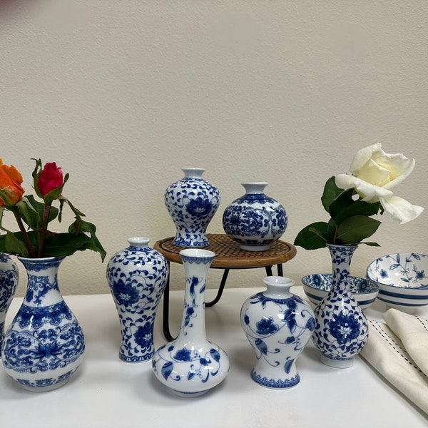 Blue and White Petite Chinoserie Porcelain Bloom Vases - 8 Styles - Floral Design, Bud Vase, Home Decor, Tablescaping,