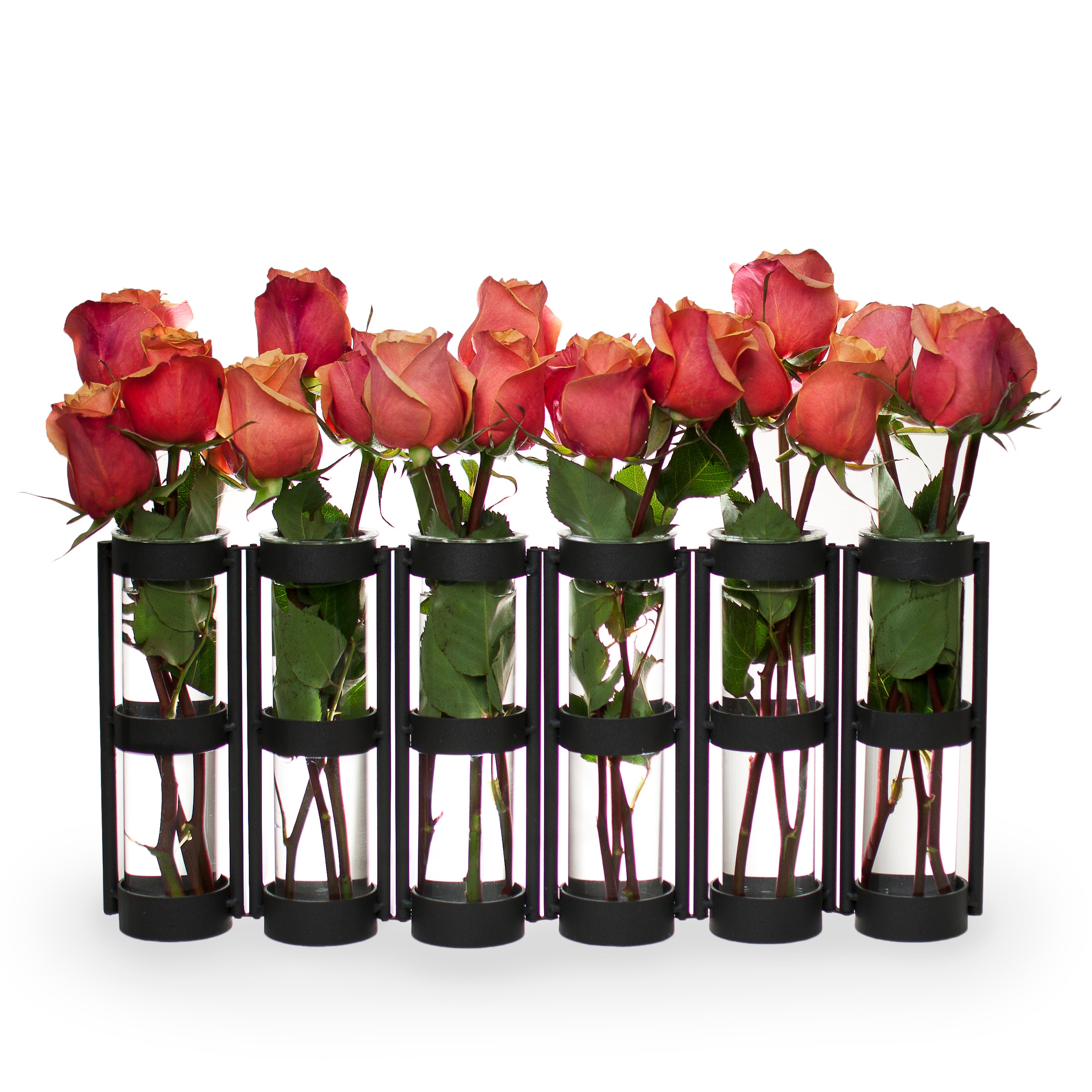 Bud Vases Six Slender Tubes Hinged Metal and Glass Floral Design