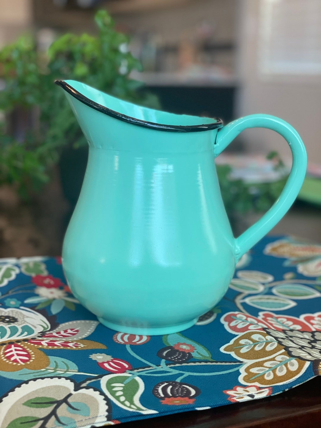 Enamel Milk Pitcher Vase Teal Vintage Inspired Dining Etsy