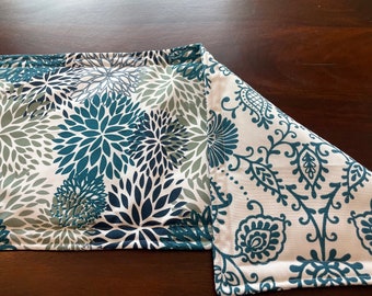 Hot Pad Table Runners or Square Pads - Blue Garden Blooms and Forest Flowers Teal - Reversible - Fabric Trivet - Kitchen - Dining Decor