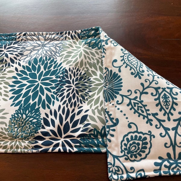 Hot Pad Table Runners or Square Pads - Blue Garden Blooms and Forest Flowers Teal - Reversible - Fabric Trivet - Kitchen - Dining Decor