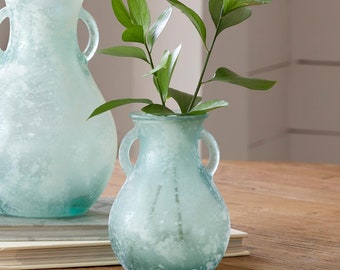 Glass Vase with Handles, Frosted Seafoam Green - Vintage Inspiration, Floral Design, Weddings, Parties, Tablescapes, Events