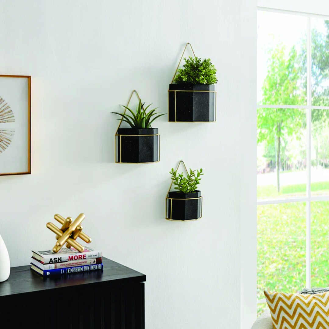 White or Black and Gold Wall Planters Set of 3 Plants Etsy