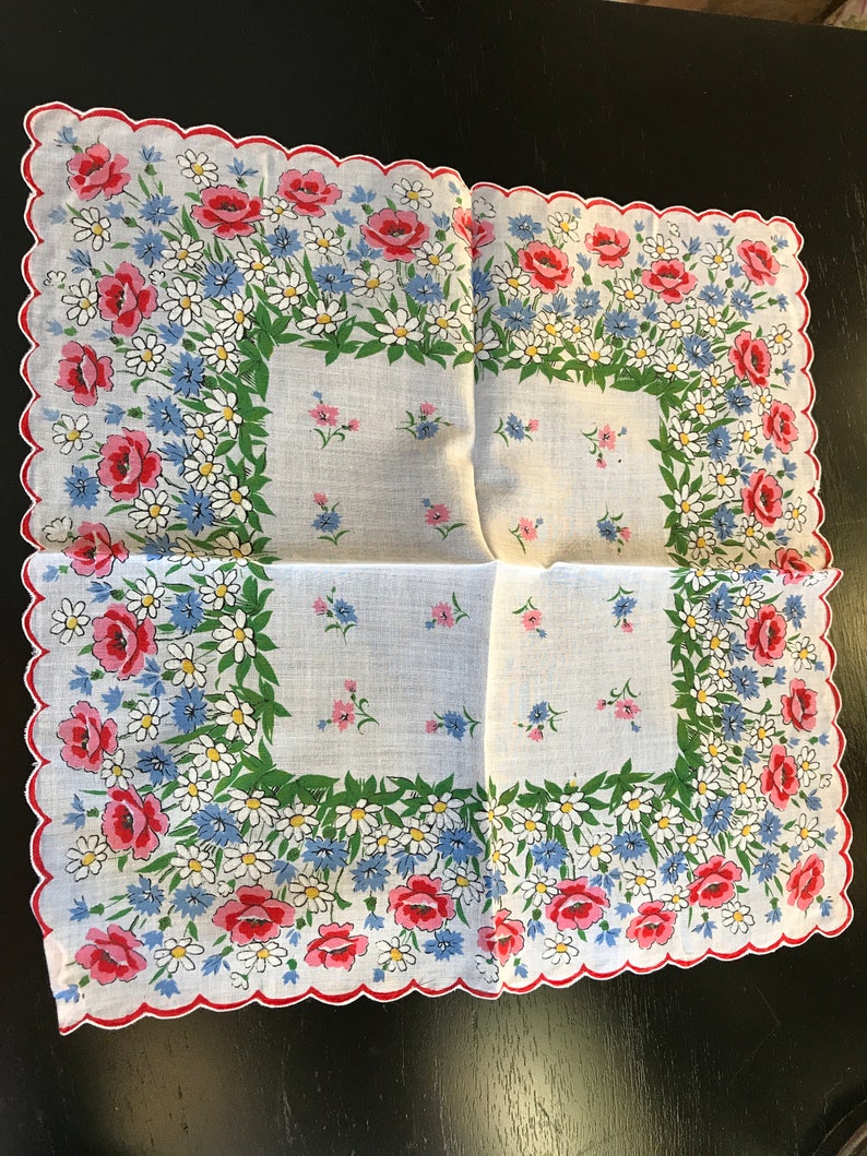 White with ink Roses and Daisies Vintage Floral Print Hanky Hankie Handkerchief