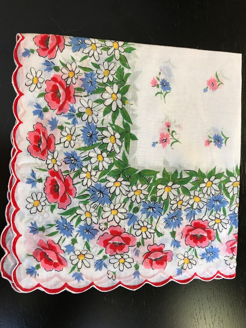 White with ink Roses and Daisies Vintage Floral Print Hanky Hankie Handkerchief