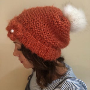 Orange hand knit beanie, winter hat, knitted hat, flower pearl fluffy rust fire orange blood orange tangerine