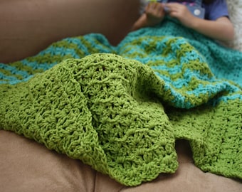 Cotton Hand Knit Baby Blanket Teal Green Blue Boy Infant Nursery Stripes Summer lightweight crochet handmade baby shower gift lime green