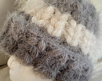 Hand knit beanie, gray and ivory