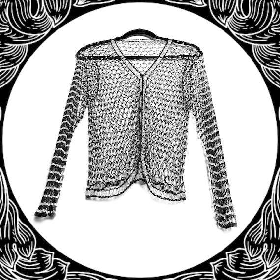 Vintage Open Weave Silver-Beaded Black Crochet Fi… - image 1
