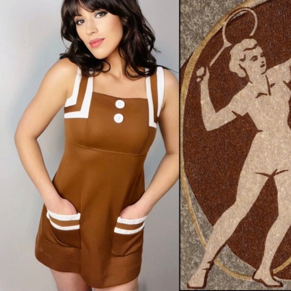 Rare 60s Mod Tennis Mini Dress by Top Seed , Vintage Brown & White Cute Mod Tennis Mini Dress with Front Pockets