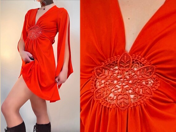 70's Red Hippie Goddess Mini Dress with Etherial … - image 5