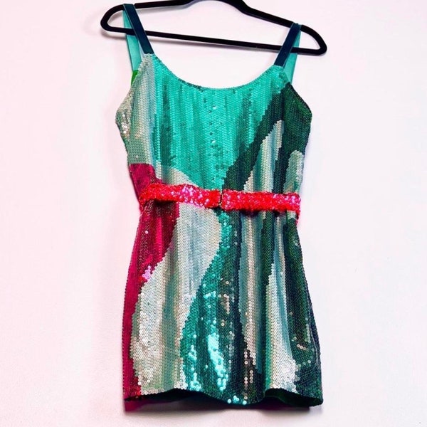 80's Barbie Sequin Swirl Multicolor Disco Dress with Sequin Elastic Waist Belt