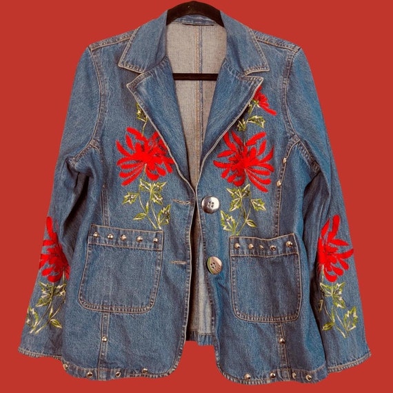 70's Denim Jacket Blazer with Rose Floral Embroid… - image 1