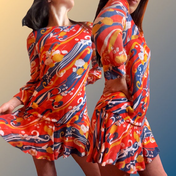 Swinging 60's Mod Hippie Psychedelic Print Red + … - image 2