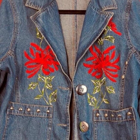 70s Vintage Denim Jacket Jean Blazer With Rose Floral Embroidery 