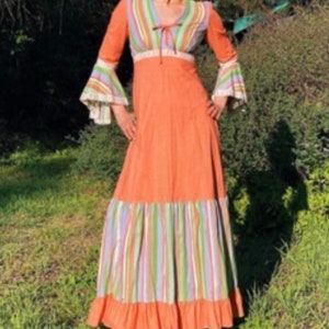 70s Rare Vintage Gunne Sax Style Hippie Cottagecore Linen Prairie Peach Rainbow  Pastel Maxi Dress,  Bell Sleeves, Corset, Lace Trim