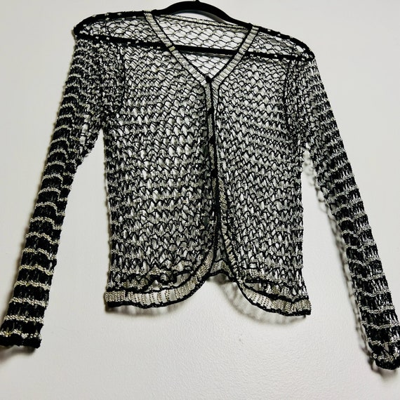 Vintage Open Weave Silver-Beaded Black Crochet Fi… - image 5