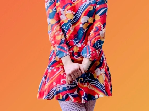 Swinging 60's Mod Hippie Psychedelic Print Red + … - image 3