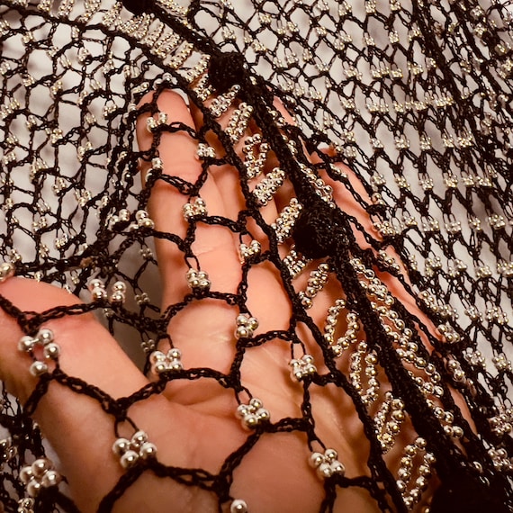 Vintage Open Weave Silver-Beaded Black Crochet Fi… - image 2