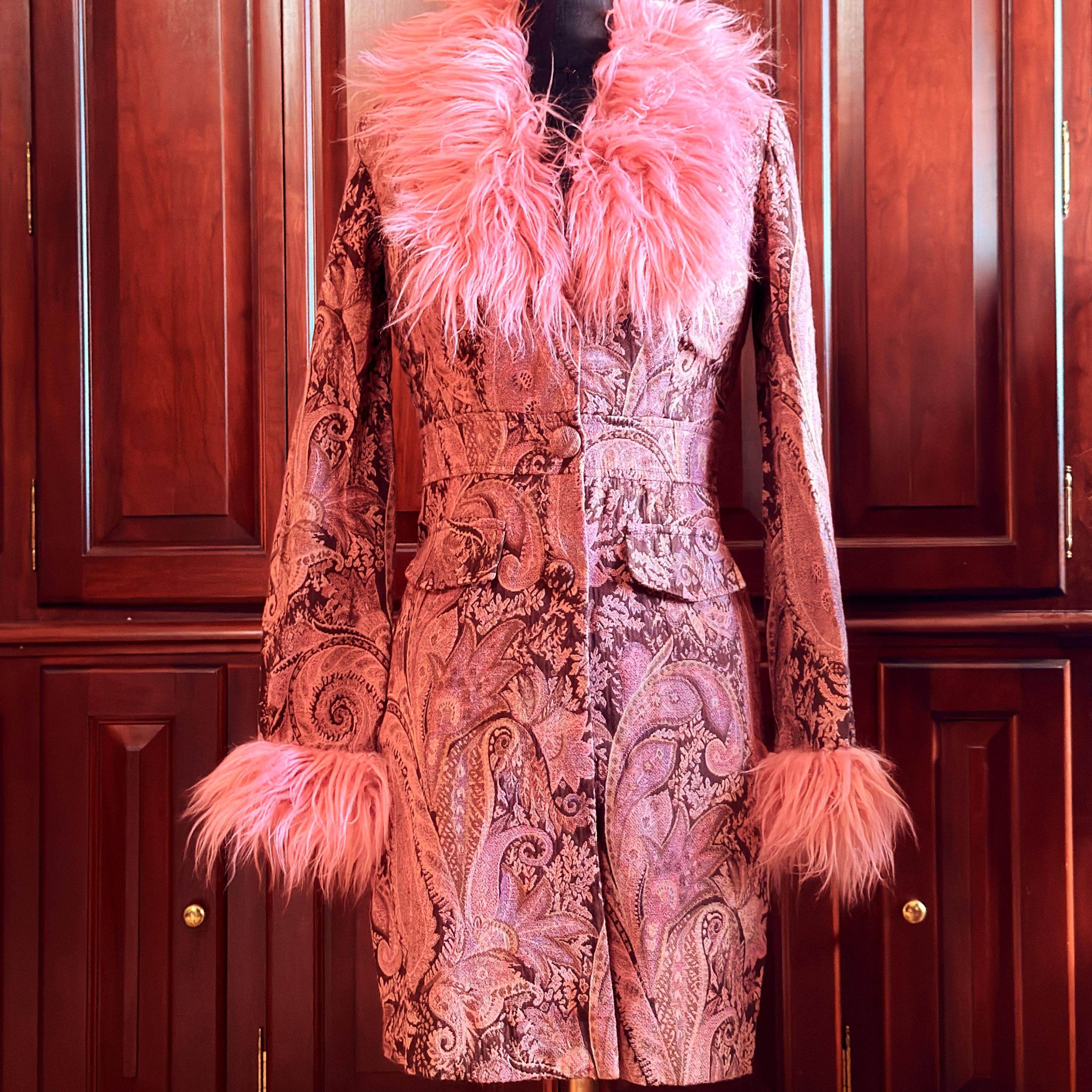 Y2K Vintage Pink Faux Sheep Fur Penny Lane Tapestry Paisley Trench