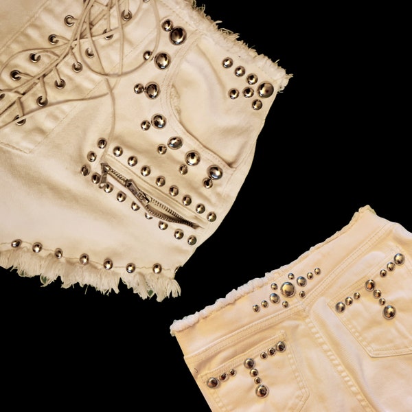 Roncelli Style Custom Dome Studded Cream Lace Up High Waist Shorts