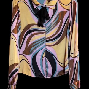 Emilio Pucci Style Silk Swirl Multi Colored  Long Sleeve Button Up Blouse