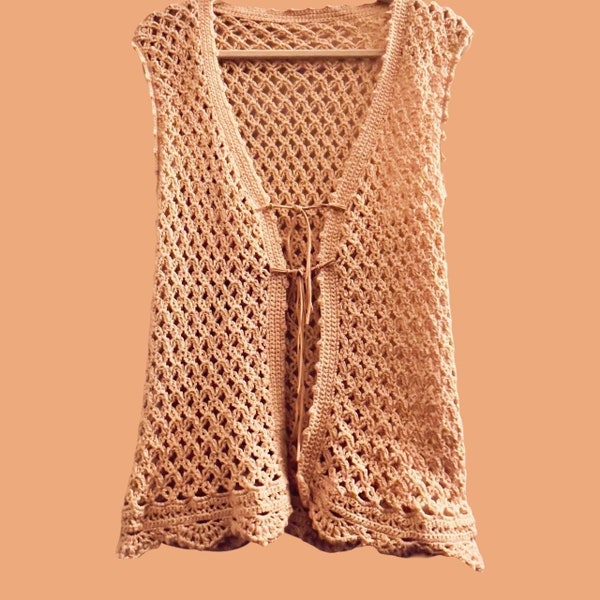 70s Vintage Cream Crochet Open Weave Granny Hippie Boho Sweater Vest / Or Top with Suede Tie Closure