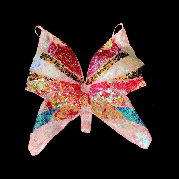 Halter glitter v neck butterfly pattern self tie crop top