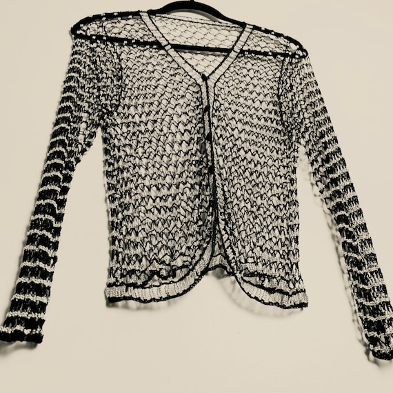 Vintage Open Weave Silver-Beaded Black Crochet Fi… - image 3