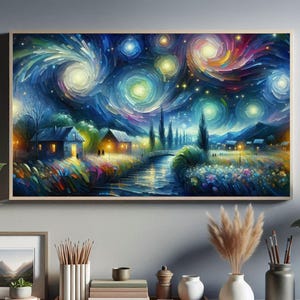 Whimsical Van Gogh Style Night Painting, Colourful Textured Art, Nostalgic Abstract Wall Art Prints, Printable Digital Download, Home Decor