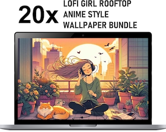 Anime LoFi Girl Rooftop Wallpaper Bundle (Commercial Use)