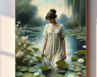 Woman Wading in Water in a Nightgown, Historical Regency Georgian Vibes - Printable Wall Art, Home Decor, Printable Art, Digital Download