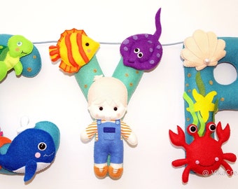 Meeresbewohner Thema Name Geburtstagsbanner, Ozean-Themenbanner, Junge oder Mädchen, personalisierte Filznamengirlande, Geburtstagsparty-Raumdekor