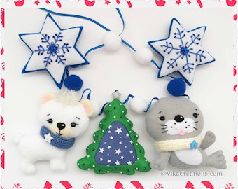 Ready To Ship - Christmas Garland, Five Ornaments: Christmas Tree, Baby Polar Bear, Baby Seal, Two Stars, Hanging Christmas Felt Ornaments