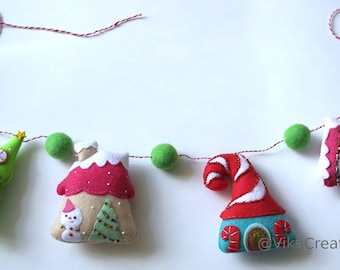 Christmas Garland, Reindeer, Snowmen, Christmas Tree, Candy House, Handmade Felt Christmas Tree Garland, Xmas Home Holiday