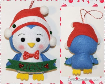 Blue & White Felt Penguin Decoration, Christmas Animal, Handmade Felt Animal Ornament, Xmas Home Holiday Decor, Felt Animal