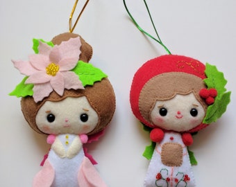 Set of two Hangable Christmas Ornaments: Poinsettia and Holly faeries Christmas Decoration