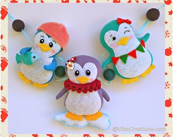 Garland, Three Cute Penguins and Pompoms, Handmade Felt Christmas Tree Ornament, Xmas Home and Holiday Decor, Felt Animals